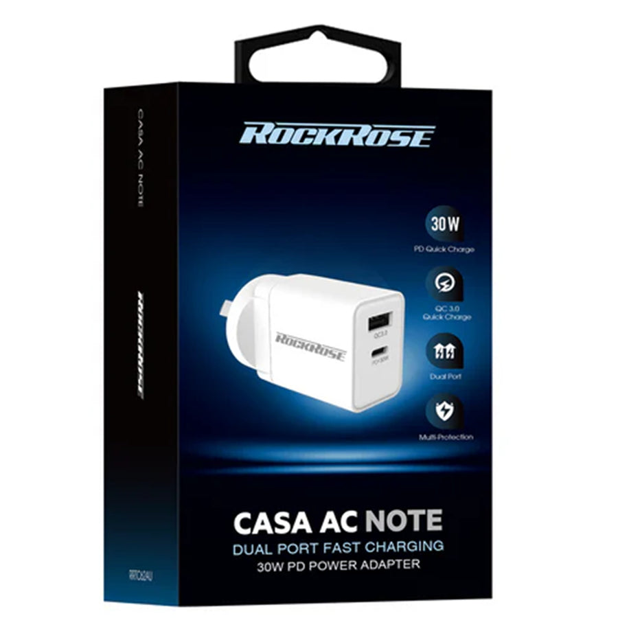 RockRose Casa AC Note 30W USB-C AC Wall Charger -  QC 3.0 USB-C & USB-A Dual Port