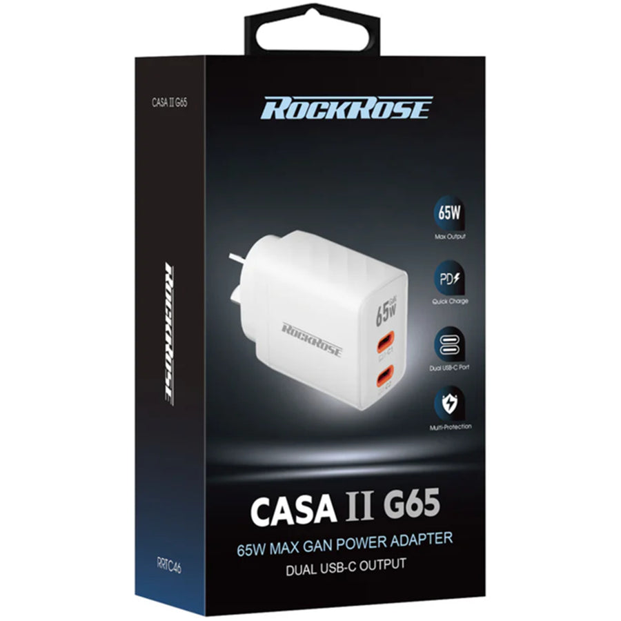 RockRose Casa II G65 - 65W PD,  Dual USB-C Port 65W USB-C AC Wall Charger
