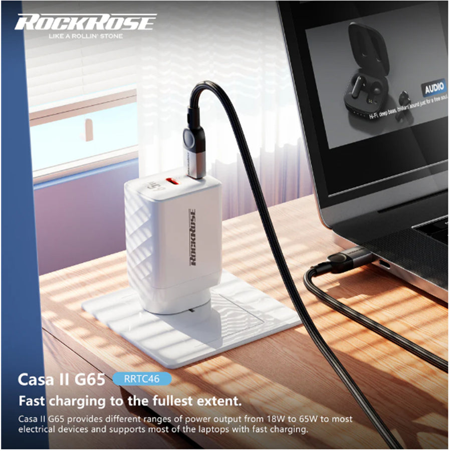 RockRose Casa II G65 - 65W PD,  Dual USB-C Port 65W USB-C AC Wall Charger