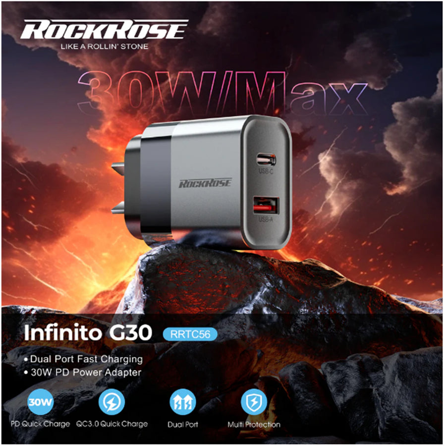 RockRose Infinito G30 -- 30W PD & QC 3.0  , USB-C & USB-A Dual Port 30W USB-C AC Wall Charger