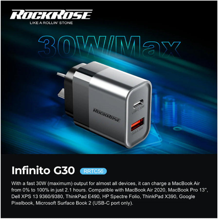 RockRose Infinito G30 -- 30W PD & QC 3.0  , USB-C & USB-A Dual Port 30W USB-C AC Wall Charger