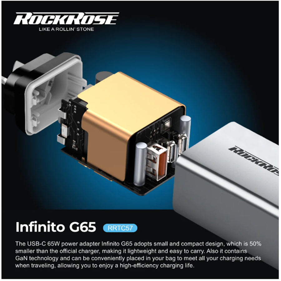 RockRose Infinito G65 -- 65W PD & QC 3.0  , 2X USB-C & USB-A Triple Port AC Wall Charger