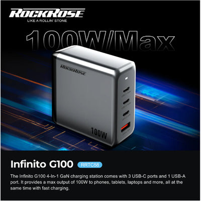 RockRose Infinito G100 100W 4 Ports USB-C Power Wall Charger For Mobile device and Notebook