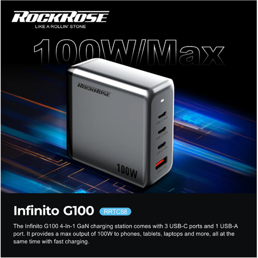 RockRose Infinito G100 100W 4 Ports USB-C Power Wall Charger For Mobile device and Notebook