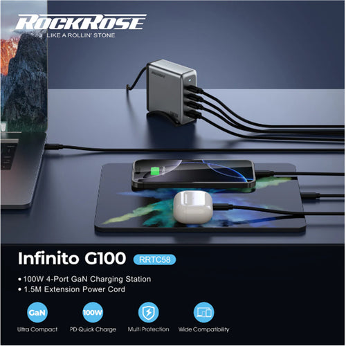 RockRose Infinito G100 100W 4 Ports USB-C Power Wall Charger For Mobile device and Notebook