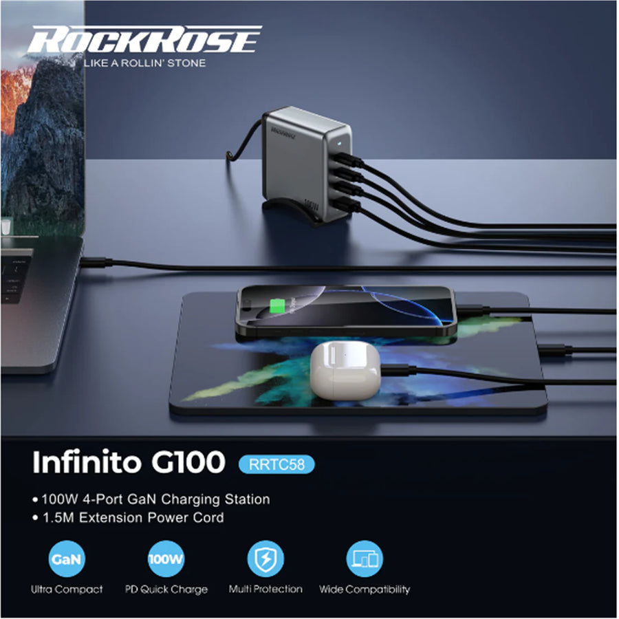 RockRose Infinito G100 100W 4 Ports USB-C Power Wall Charger For Mobile device and Notebook