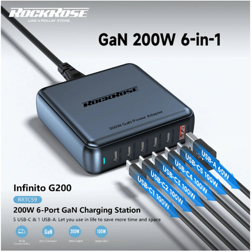 RockRose Infinito G200  200W 6 Ports USB-C GaN Power Wall Charger For Mobile Device and Notebook