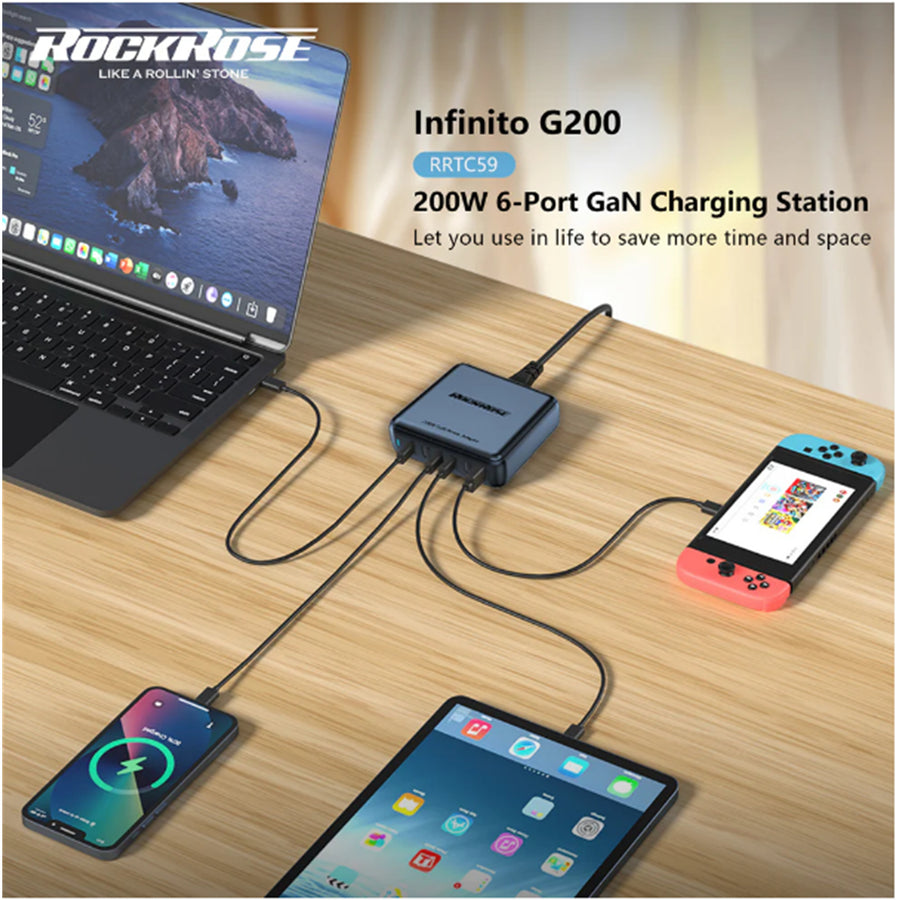 RockRose Infinito G200  200W 6 Ports USB-C GaN Power Wall Charger For Mobile Device and Notebook