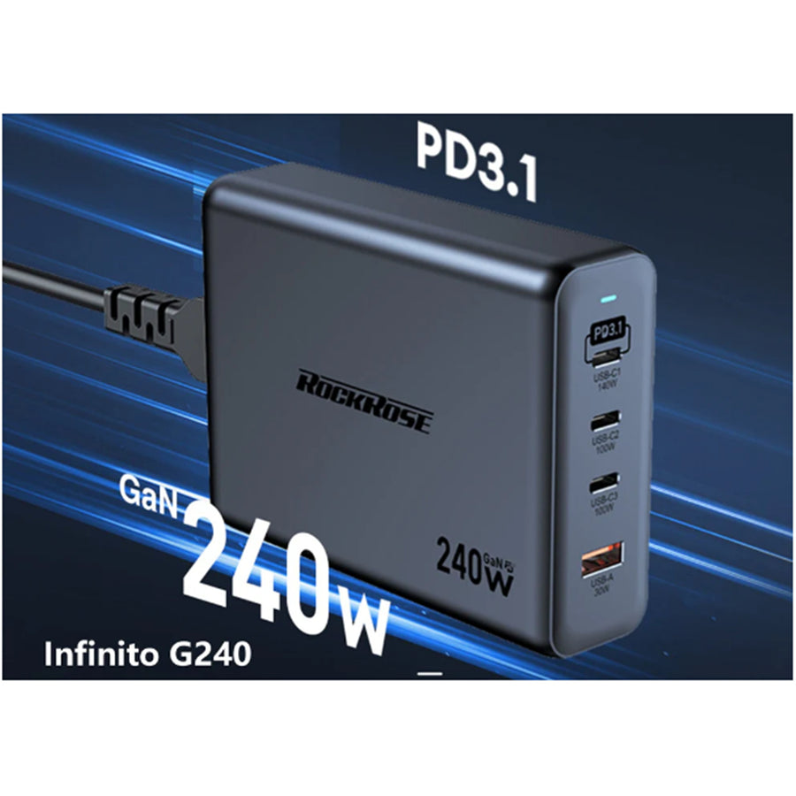RockRose Infinito G240  240W 4 Ports PD3.1 GaN Power wall Charger For Phone, Tablet and Laptops