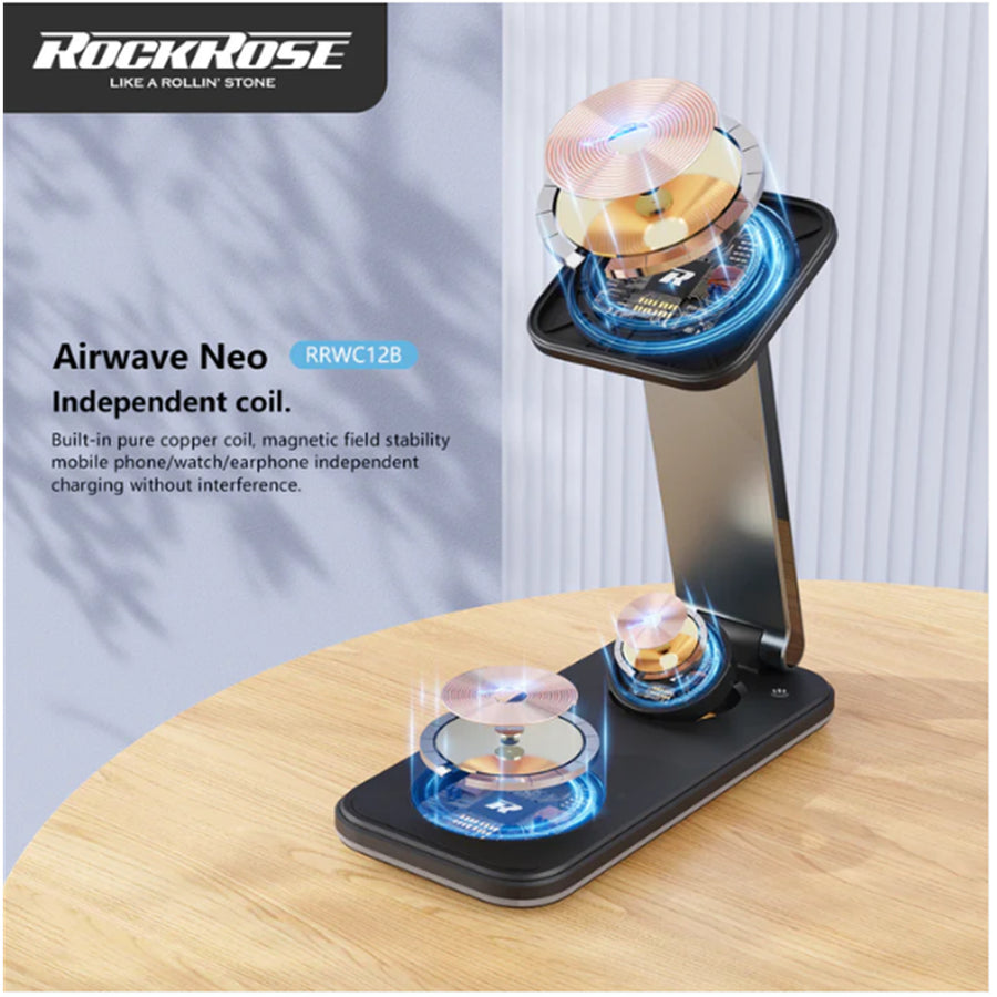 RockRose Airwave Neo 3-in-1 Foldable Wireless Charging Stand - Support Both IOS & Andriod Devices- Compatible with MagSafe - 3-in-1 Wireless Charger - Case Compatible