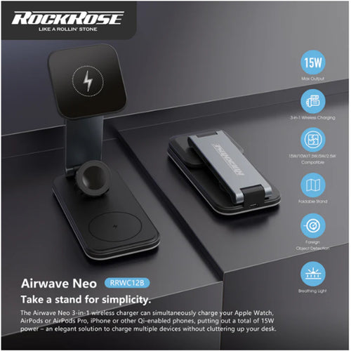 RockRose Airwave Neo 3-in-1 Foldable Wireless Charging Stand - Support Both IOS & Andriod Devices- Compatible with MagSafe - 3-in-1 Wireless Charger - Case Compatible