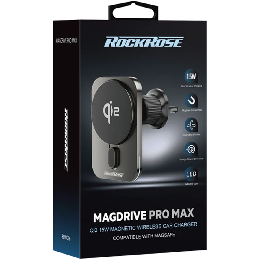 RockRose Magdrive Pro Max Qi2 Certified 15W Magnetic Wireless Car Charger for iPhone MagSafe
