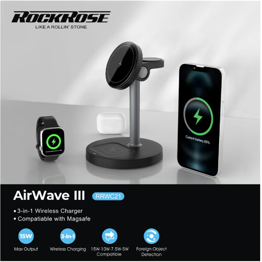 RockRose AirWave III 3-in-1 Wireless Charger For iPhone/ Airpods/ Apple Watch