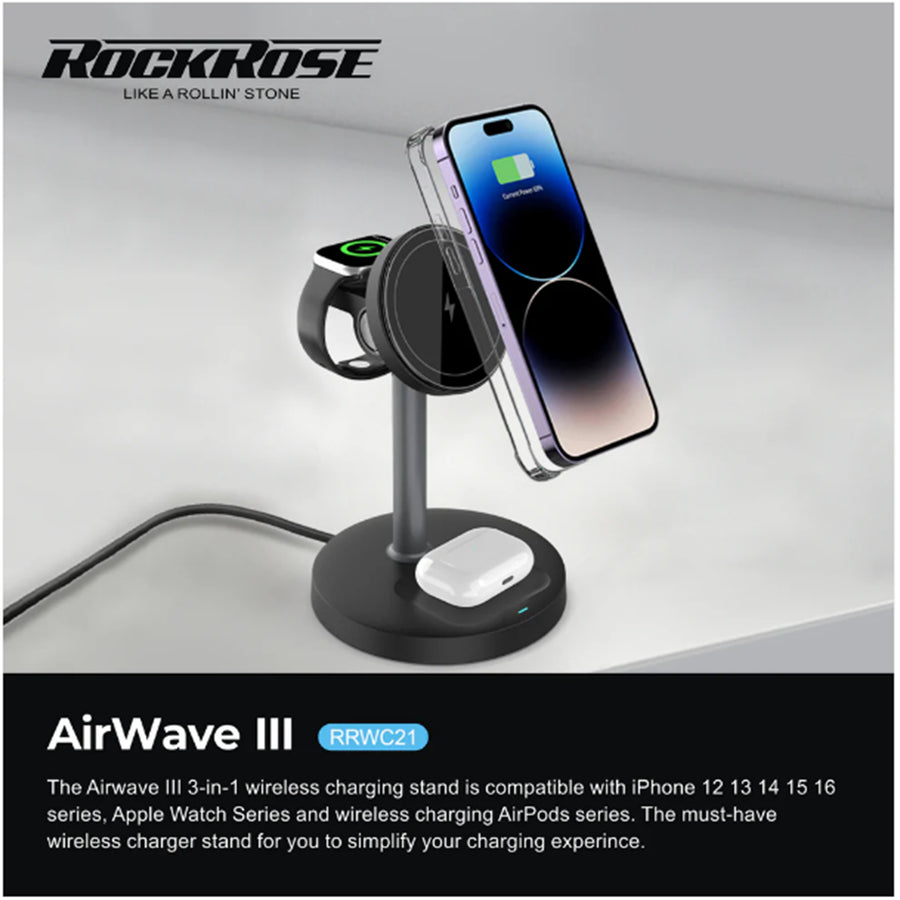 RockRose AirWave III 3-in-1 Wireless Charger For iPhone/ Airpods/ Apple Watch