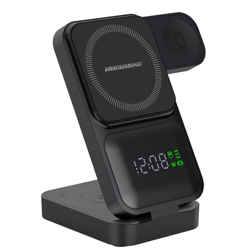 RockRose RRWC22 RockRose AirWave III 3-in-1 Foldable Wireless Charger For iPhone/ Airpods/ Apple Watch With Digital Timer & Clock