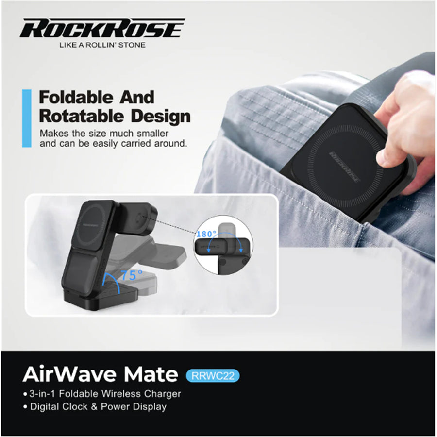 RockRose AirWave III 3-in-1 Foldable Wireless Charger For iPhone/ Airpods/ Apple Watch With Digital Timer & Clock