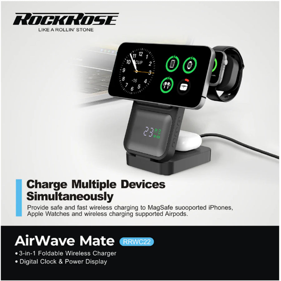 RockRose AirWave III 3-in-1 Foldable Wireless Charger For iPhone/ Airpods/ Apple Watch With Digital Timer & Clock