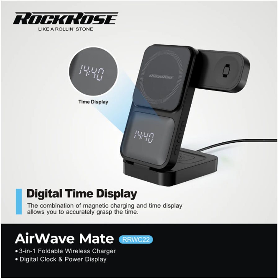 RockRose AirWave III 3-in-1 Foldable Wireless Charger For iPhone/ Airpods/ Apple Watch With Digital Timer & Clock
