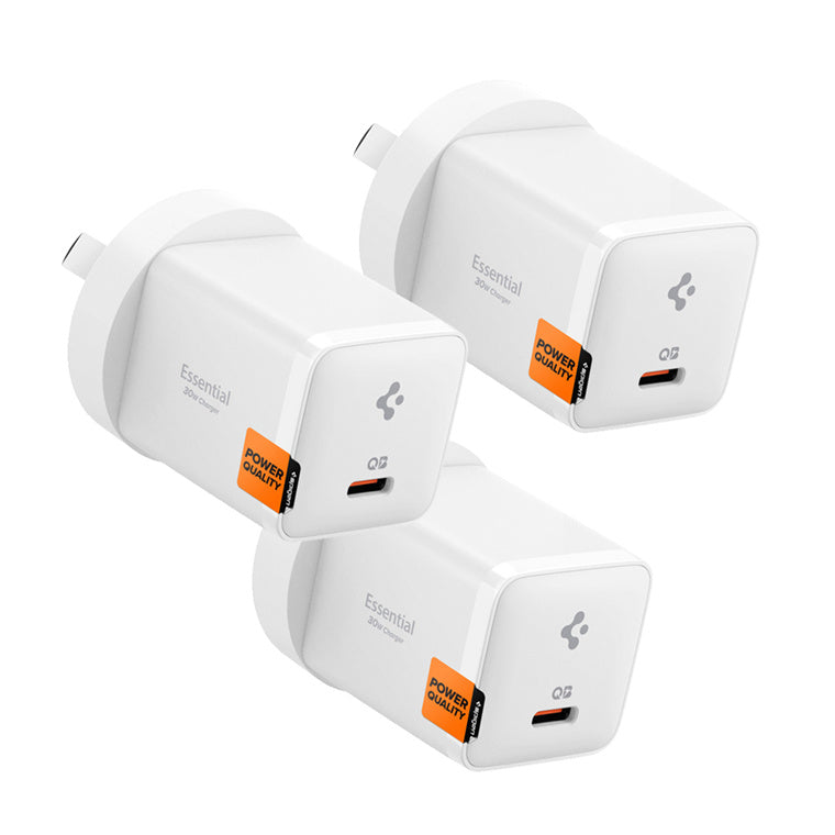 Spigen Essential 30W USB-C PD GaN Fast Charging Wall Charger - (3 Pack) - White - Up to 30W PD Fast Charging - Compact Design - Support Apple iPhone, iPad, Samsung Smart Phone PD Fast Charging