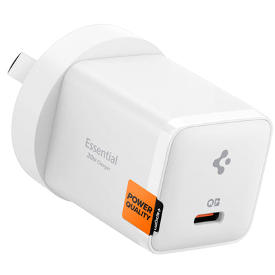 Spigen Essential 30W USB-C PD GaN Fast Charging Wall Charger - White - Up to 30W PD Fast Charging - Compact Design - Support Apple iPhone, iPad, Samsung Smart Phone PD Fast Charging