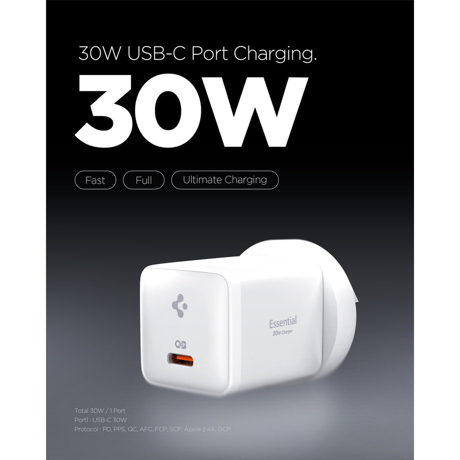 Spigen Essential 30W USB-C PD GaN Fast Charging Wall Charger - White - Up to 30W PD Fast Charging - Compact Design - Support Apple iPhone, iPad, Samsung Smart Phone PD Fast Charging