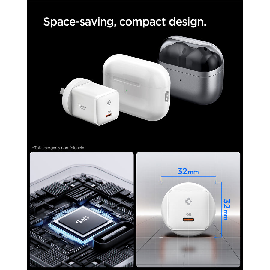 Spigen Essential 30W USB-C PD GaN Fast Charging Wall Charger - White - Up to 30W PD Fast Charging - Compact Design - Support Apple iPhone, iPad, Samsung Smart Phone PD Fast Charging