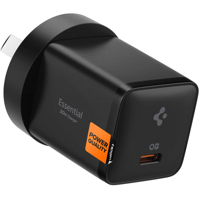 Spigen Essential 30W USB-C PD GaN Fast Charging Wall Charger - Black - Up to 30W PD Fast Charging - Compact Design - Support Apple iPhone, iPad, Samsung Smart Phone PD Fast Charging