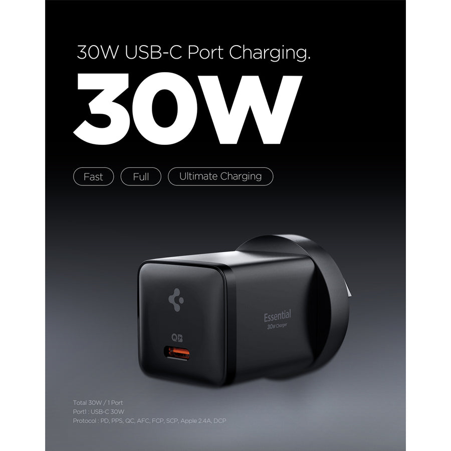 Spigen Essential 30W USB-C PD GaN Fast Charging Wall Charger - Black - Up to 30W PD Fast Charging - Compact Design - Support Apple iPhone, iPad, Samsung Smart Phone PD Fast Charging