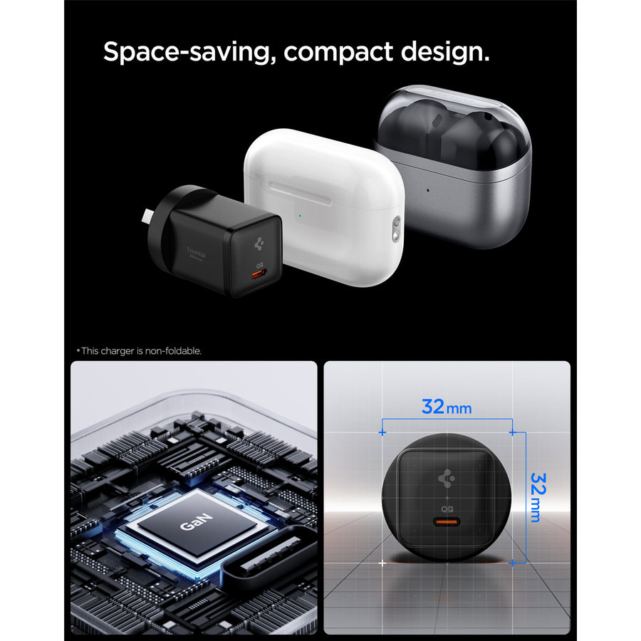 Spigen Essential 30W USB-C PD GaN Fast Charging Wall Charger - Black - Up to 30W PD Fast Charging - Compact Design - Support Apple iPhone, iPad, Samsung Smart Phone PD Fast Charging