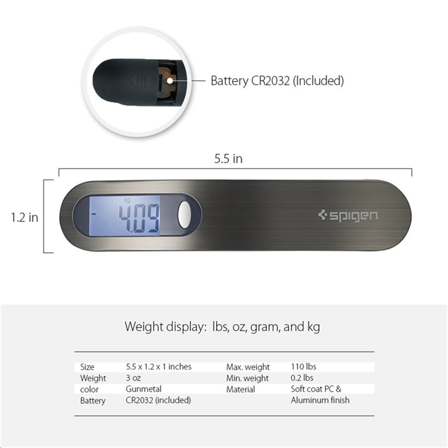 Spigen E500 Compact Travel Luggage Scale 110lb/50kg capacity, Portable Scale Digital Scale with KG G LB OZ Units