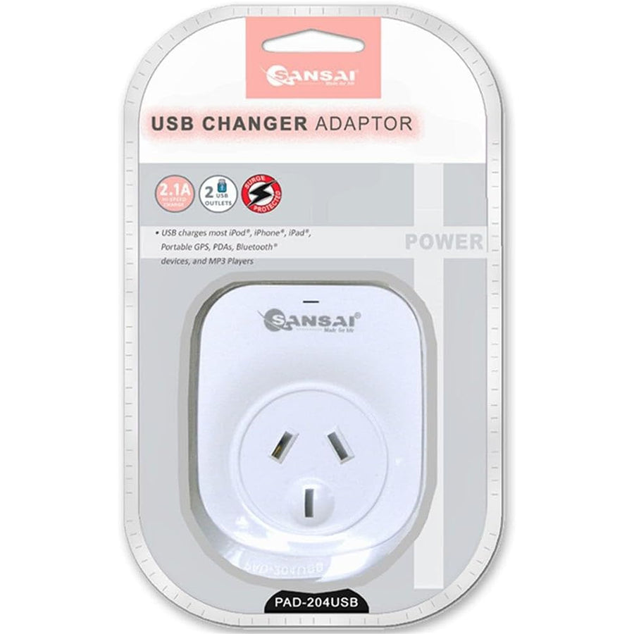 Sansai PAD-204USB 2 X USB Wall Charger, 2.1A Surge protected w/Power status indicator