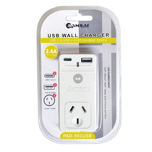 Sansai PAD-301USB USB-C + A 2.4A Wall Charger USB-C & USB-A  dual port Power Adaptor