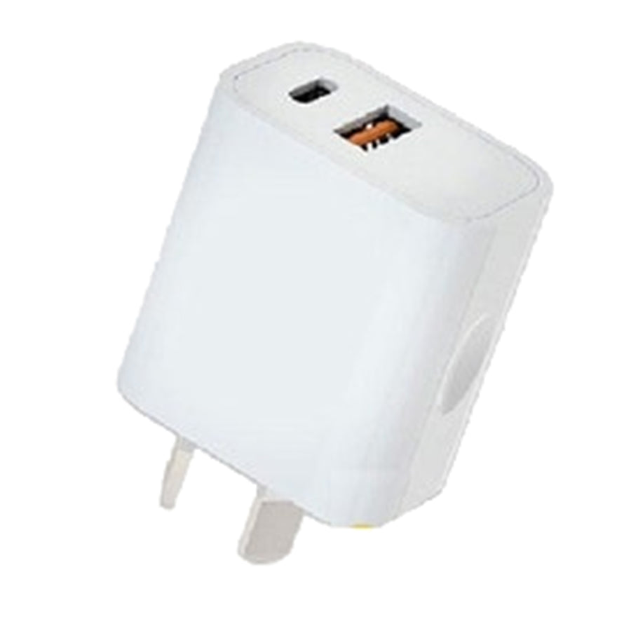 Sansai HW-311B 20W USB A+C Charger White SAA Approved With USB-A(QC3.0) & USB-C (PD3.0) outlets up to 20W for quick charging.