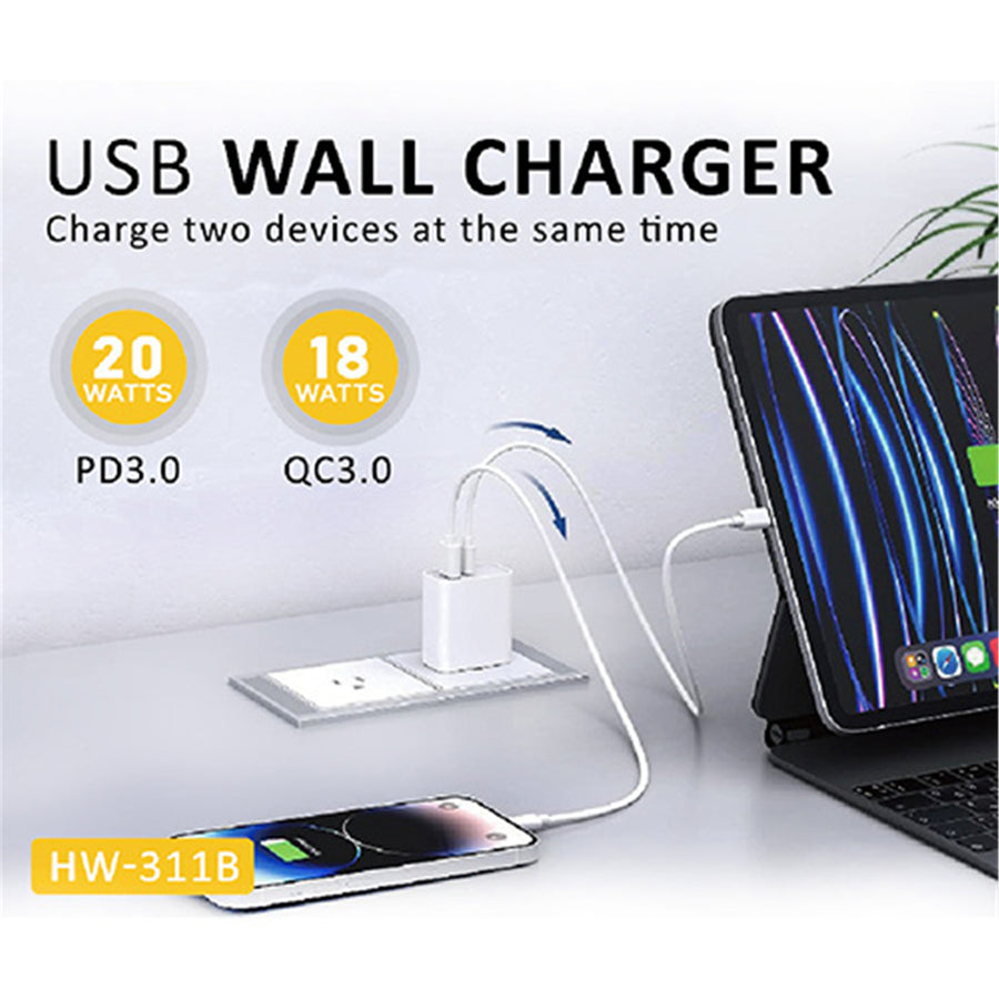 Sansai HW-311B 20W USB A+C Charger White SAA Approved With USB-A(QC3.0) & USB-C (PD3.0) outlets up to 20W for quick charging.