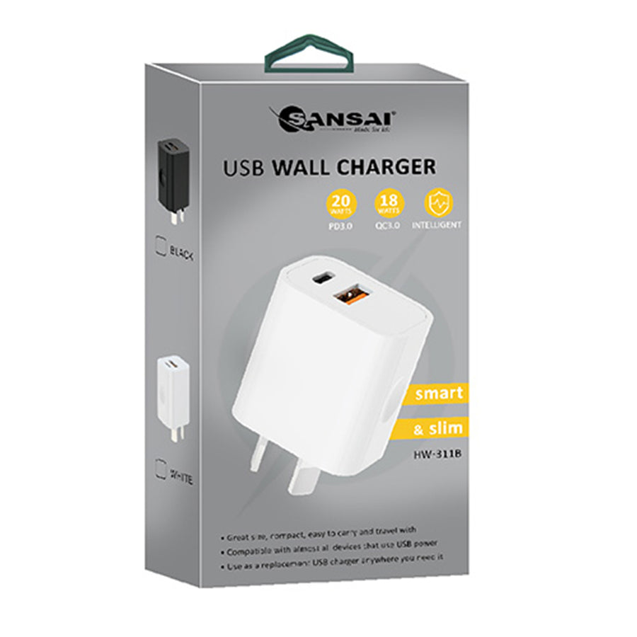Sansai HW-311B 20W USB A+C Charger White SAA Approved With USB-A(QC3.0) & USB-C (PD3.0) outlets up to 20W for quick charging.