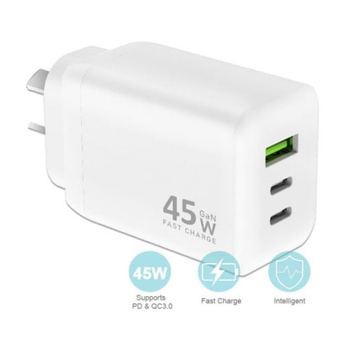 Sansai HW-344E PD45W+QC3.0, A+C+C Charger 3X faster charging with GaN technology