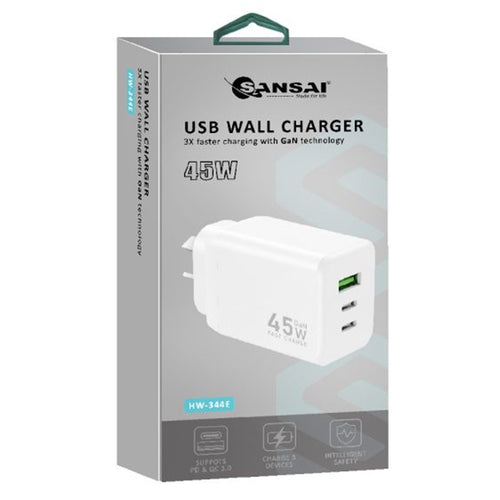 Sansai HW-344E PD45W+QC3.0, A+C+C Charger 3X faster charging with GaN technology