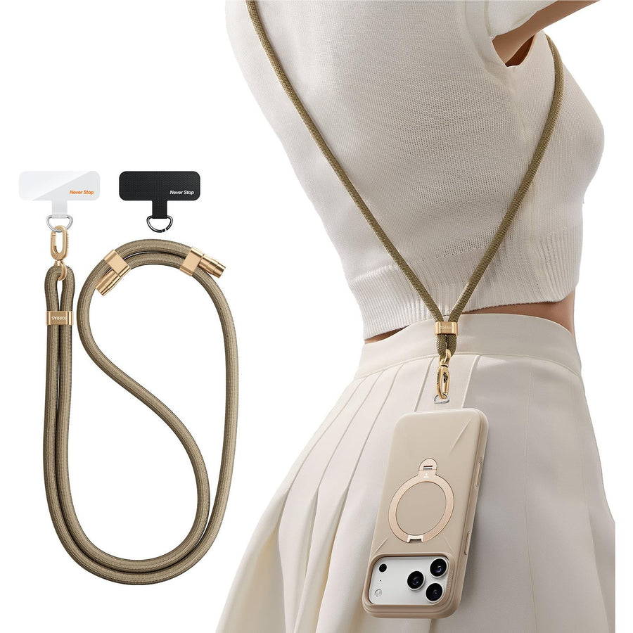 Torras LoopGo Flex Universal Crossbody Phone Lanyard - Khaki - Multi-Function - Adjustable Premium Metal Buckles - Skin-Friendly - Lightweight & Comfortable - Built to Last - Come with 2 Phone Tabs
