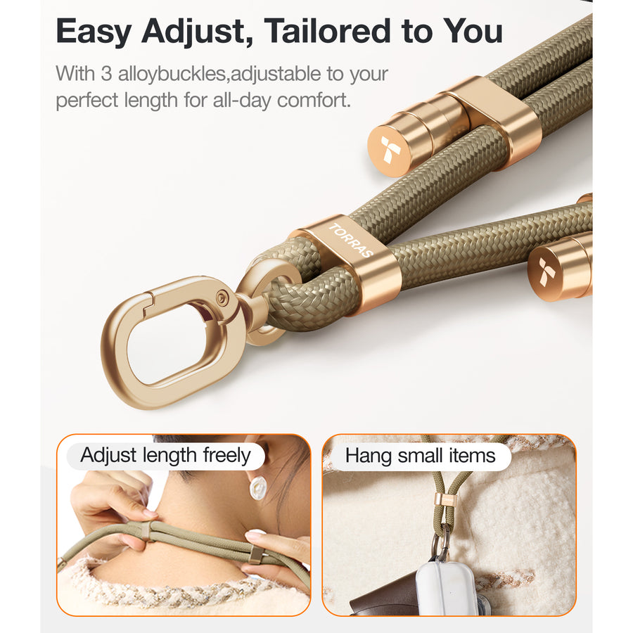 Torras LoopGo Flex Universal Crossbody Phone Lanyard - Khaki - Multi-Function - Adjustable Premium Metal Buckles - Skin-Friendly - Lightweight & Comfortable - Built to Last - Come with 2 Phone Tabs
