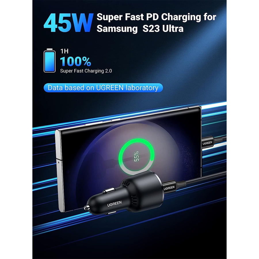 UG-35023 - UGREEN PD 63W Kfz-Ladegerät - USB-C & USB-A - PSS 45W Super Fast Charging 2.0 + QC 18W - Dual-Port Ladegerät