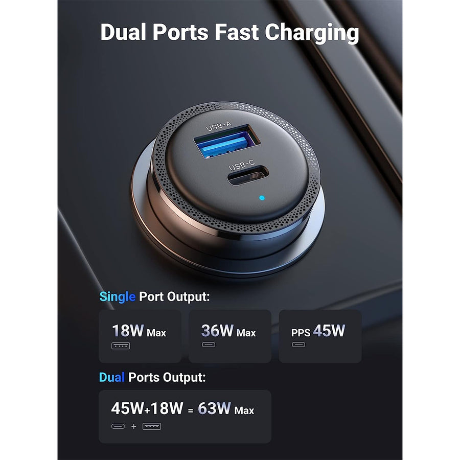UG-35023 - UGREEN PD 63W Kfz-Ladegerät - USB-C & USB-A - PSS 45W Super Fast Charging 2.0 + QC 18W - Dual-Port Ladegerät