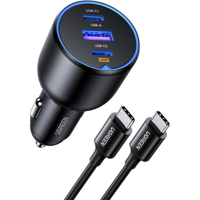 UGREEN 130W 3-Ports Car Charger - With 100W Cable 1m - 2x USB-C & USB-A - USB-C1 30W + USB-C2 100W + USB-A 25W - Triple Port Charger Compatible with iPhone 15/15 Plus/15 Pro/15 Pro Max/ 14/13/12/11/iPad/Mac Book, Galaxy S22/S21/S20/S10/Note