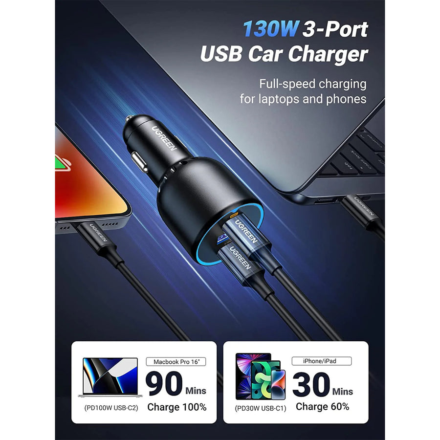 UGREEN 130W 3-Ports Car Charger - With 100W Cable 1m - 2x USB-C & USB-A - USB-C1 30W + USB-C2 100W + USB-A 25W - Triple Port Charger Compatible with iPhone 15/15 Plus/15 Pro/15 Pro Max/ 14/13/12/11/iPad/Mac Book, Galaxy S22/S21/S20/S10/Note