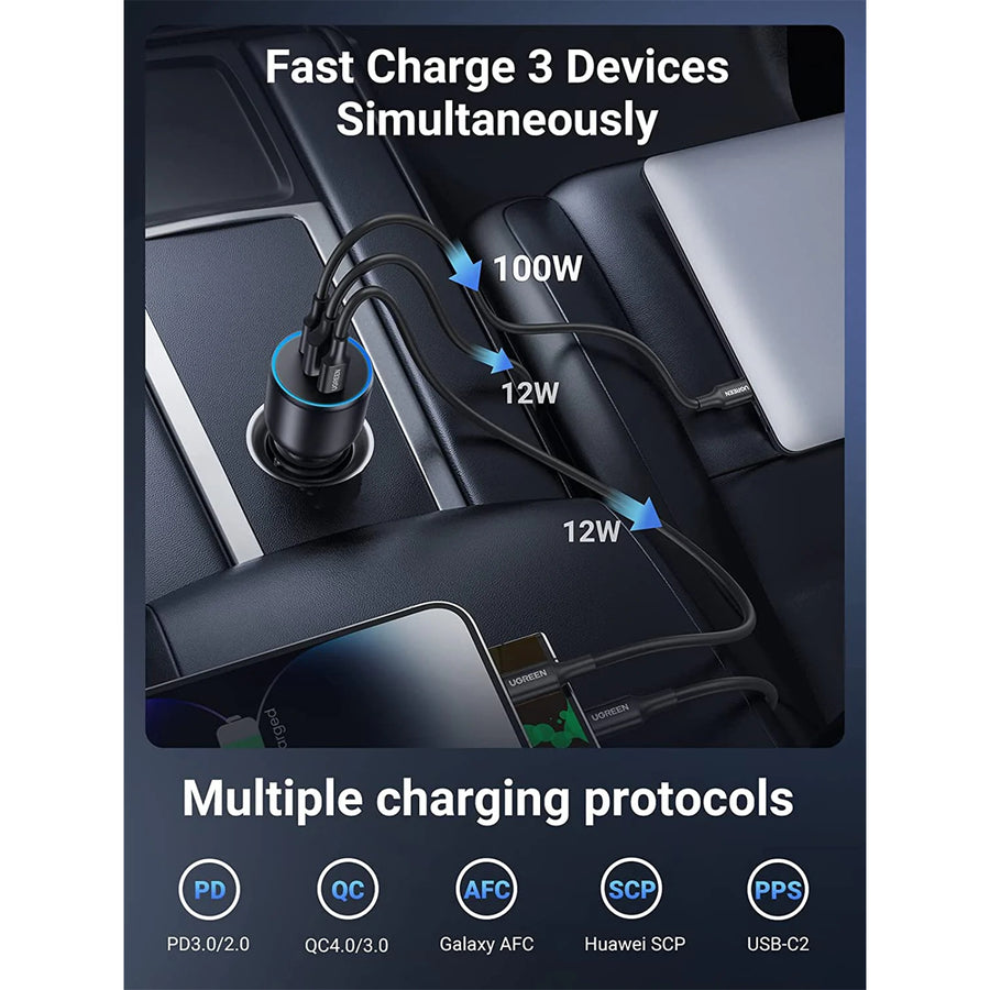 UGREEN 130W 3-Ports Car Charger - With 100W Cable 1m - 2x USB-C & USB-A - USB-C1 30W + USB-C2 100W + USB-A 25W - Triple Port Charger Compatible with iPhone 15/15 Plus/15 Pro/15 Pro Max/ 14/13/12/11/iPad/Mac Book, Galaxy S22/S21/S20/S10/Note