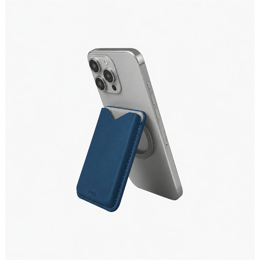 Uniq Lyden Evo Magnetic Stand Card Holder/Wallet - Steel Blue - Strong Magnetic Snap - Holds Up to 3 Cards Storage - Built-in Kickstand Supports Both Portrait and Landscape Modes