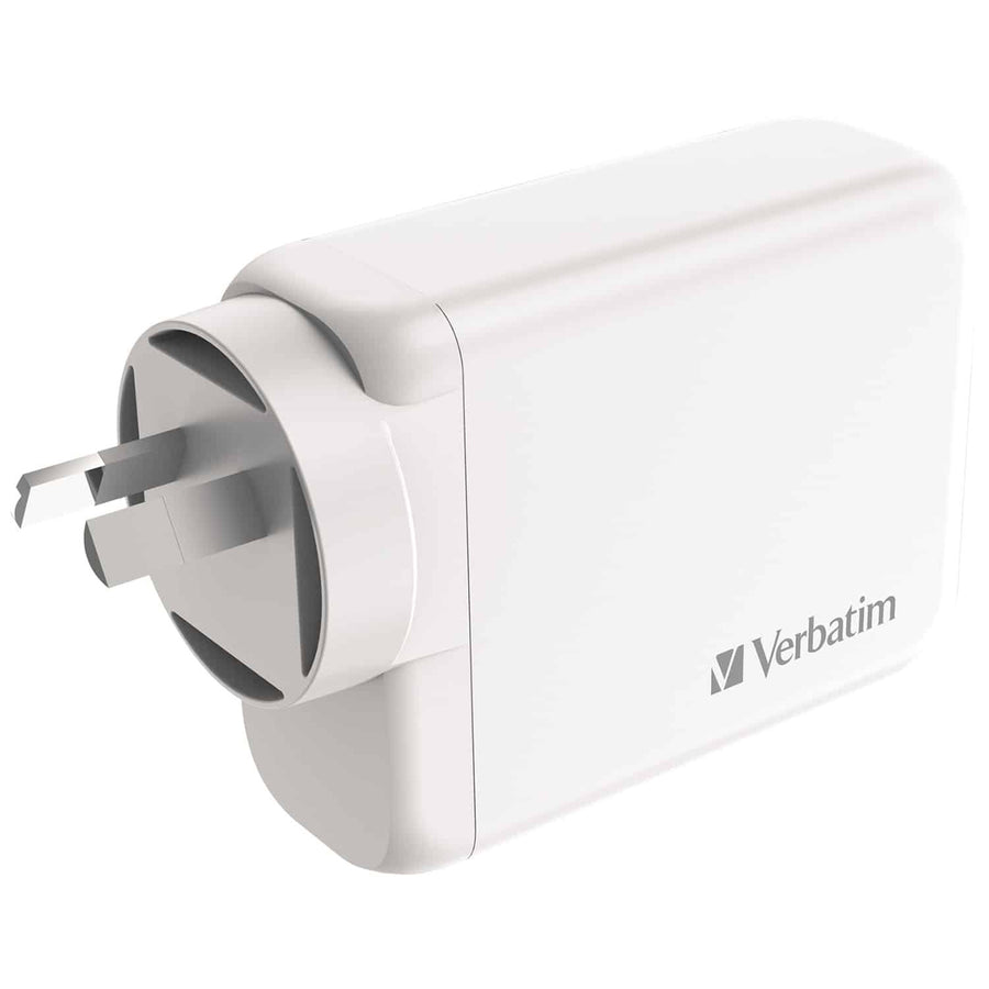 Verbatim 66966 GaN Charger 100W two USB-C PD 100W ports, one USB-C PD 65W port and one USB-A QC 3.0 port
