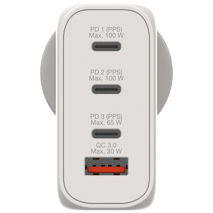 Verbatim 66966 GaN Charger 100W two USB-C PD 100W ports, one USB-C PD 65W port and one USB-A QC 3.0 port