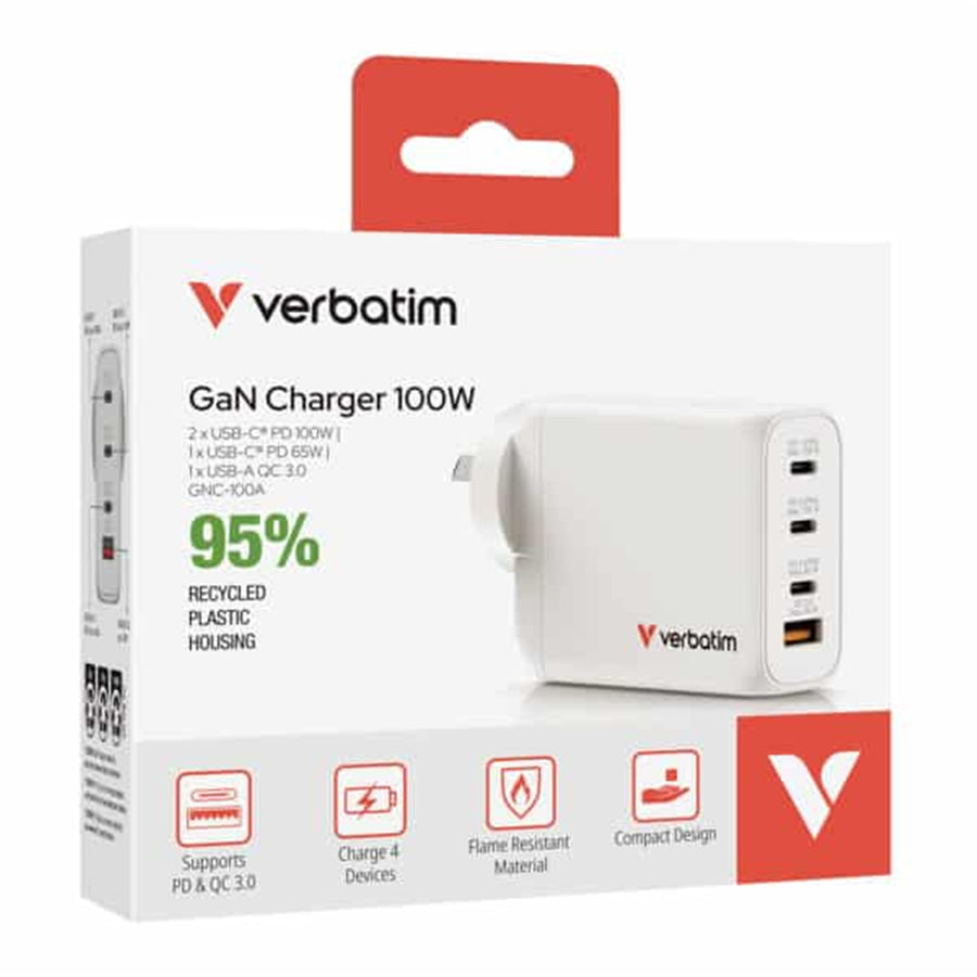 Verbatim 66966 GaN Charger 100W two USB-C PD 100W ports, one USB-C PD 65W port and one USB-A QC 3.0 port