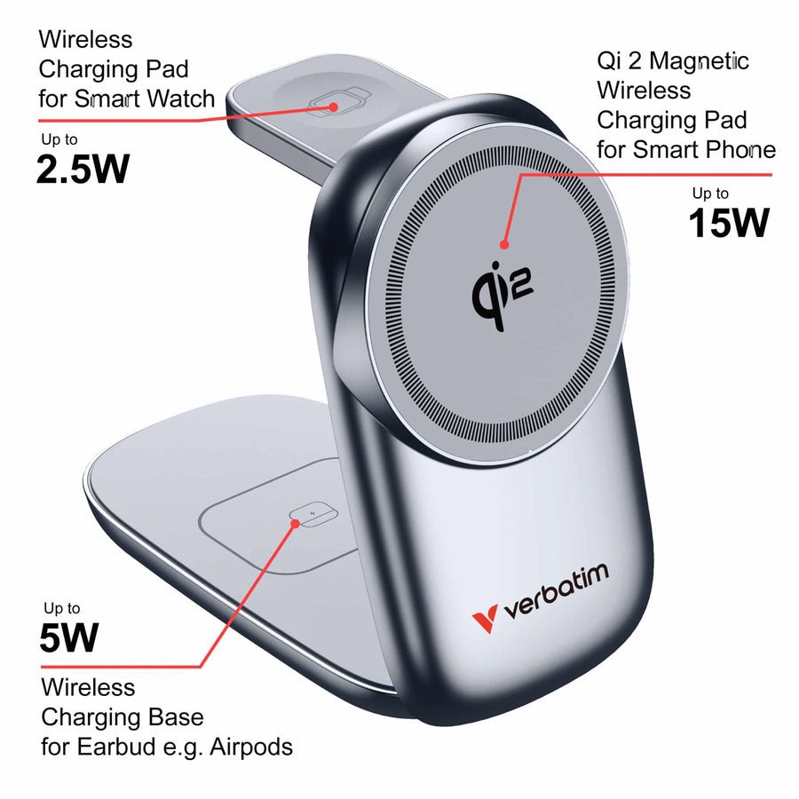 Verbatim 67036 3-in-1 Wireless Charging Dock Qi2 Certified, supports 15W Fast Charging for your phone, ensuring rapid and efficient power delivery