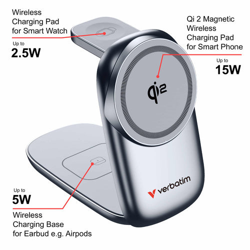 Verbatim 67036 3-in-1 Wireless Charging Dock Qi2 Certified, supports 15W Fast Charging for your phone, ensuring rapid and efficient power delivery